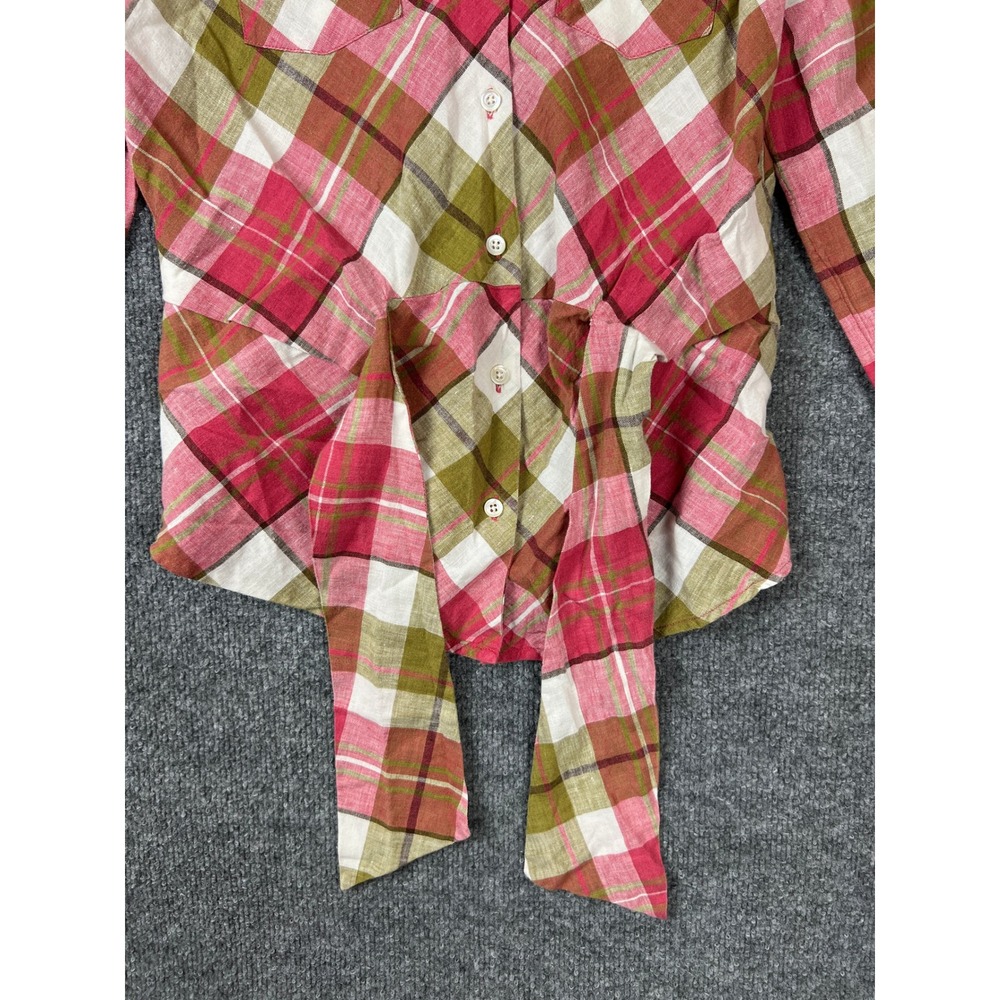 Jones New York Signature Womens Blouse Sz Small Pink Plaid Tie Front Linen Shirt - Picture 4 of 10